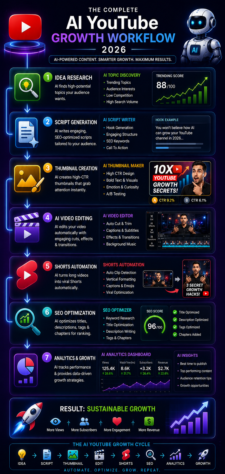 Complete AI YouTube growth workflow infographic 2026 showing all production steps