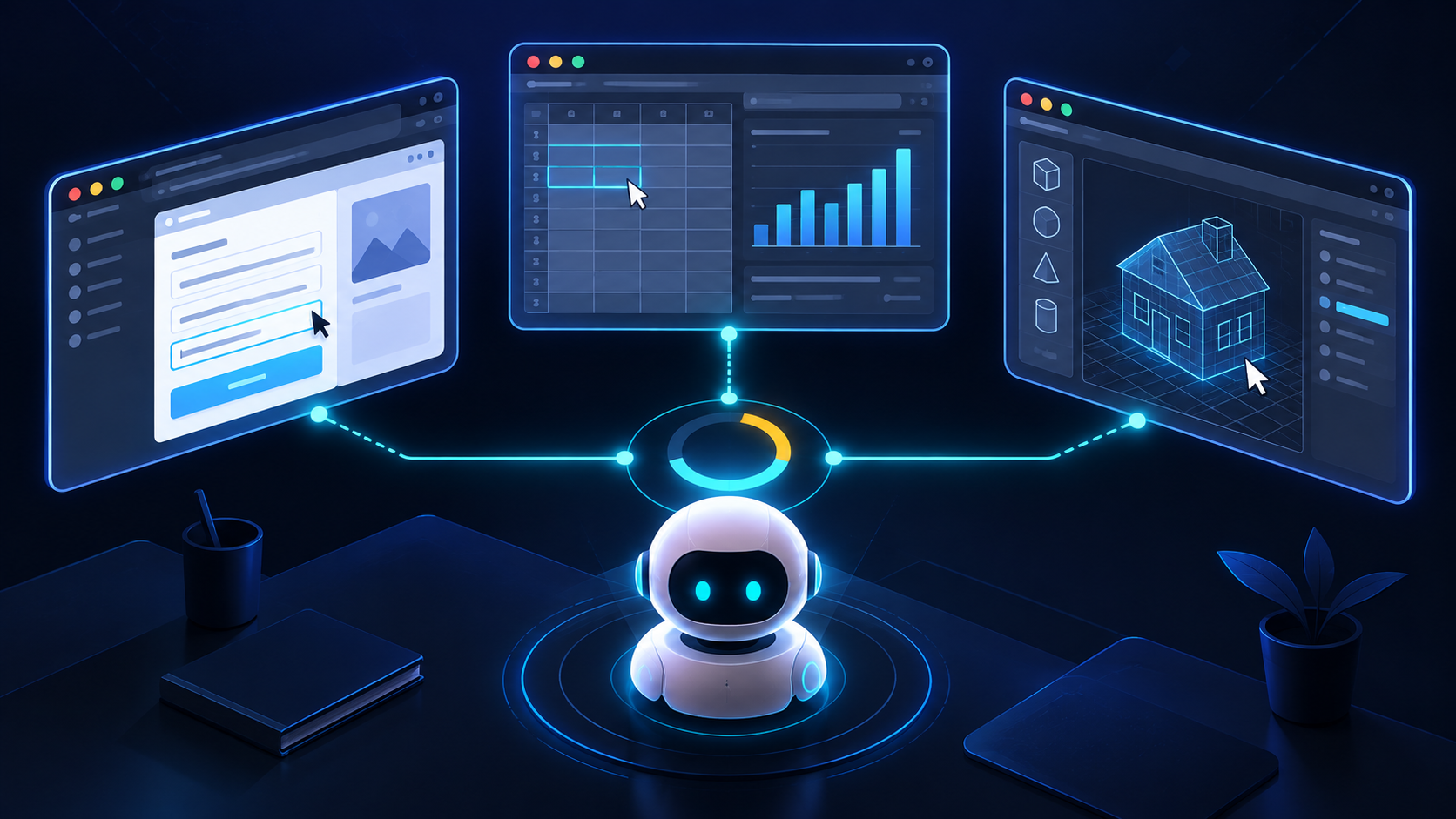Illustration of GPT-6 Astra operating desktop software including a browser, spreadsheet and 3D modelling tool