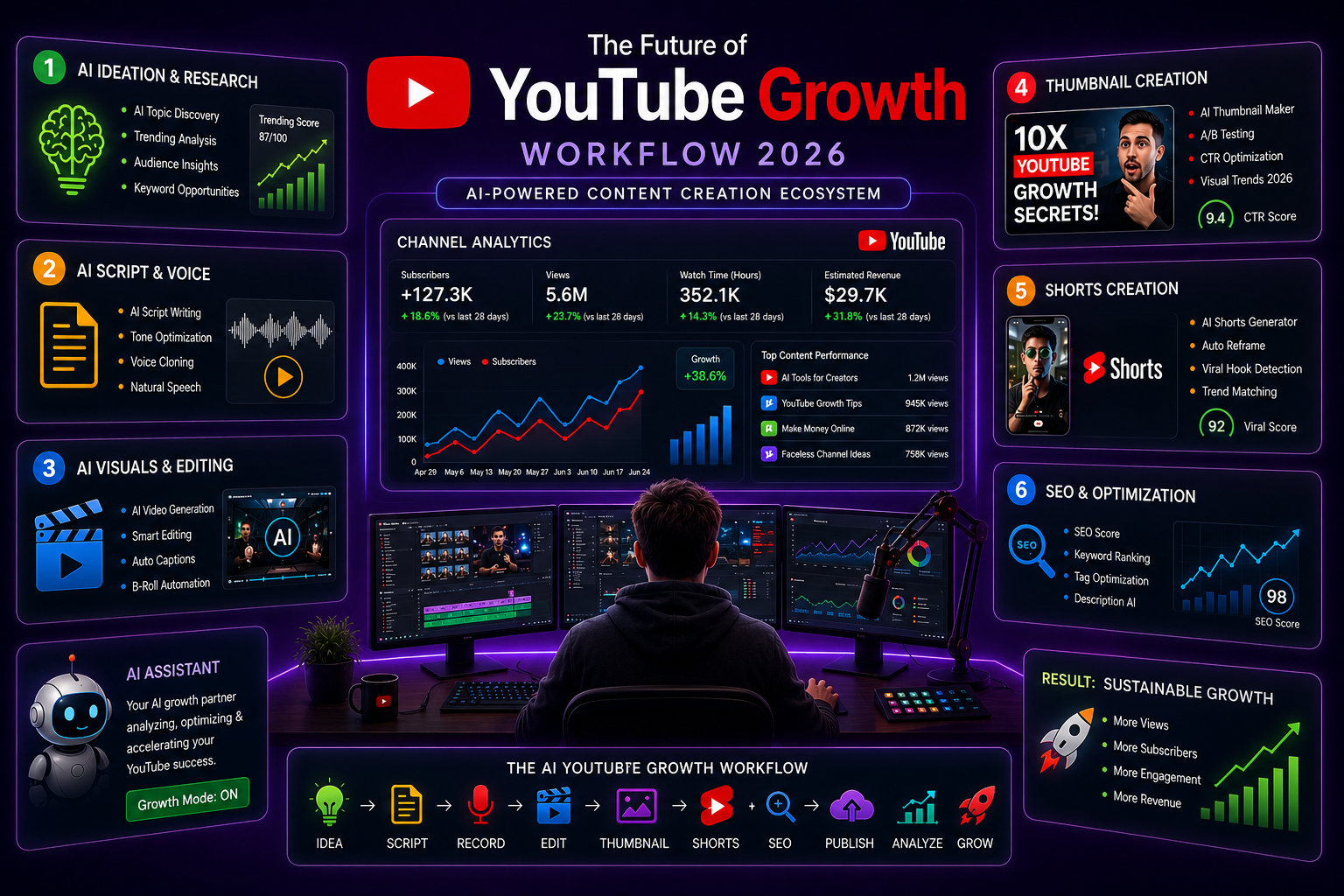 AI-powered YouTube growth workflow with thumbnails, analytics, editing and automation tools